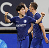 KAA Gent's Hong Hyun-seok celebrates after scoring in injury time at the end of the first leg of a Europa Conference League playoff against Cypriot club Apoel at Ghelamco Arena in Ghent, Belgium on Thursday in a photo posted to the club's official Instagram account. Gent won the game 2-0 as they look set to reach the Europa Conference League group stage for the third consecutive season.  [SCREEN CAPTURE]