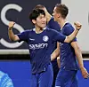 KAA Gent's Hong Hyun-seok celebrates after scoring in injury time at the end of the first leg of a Europa Conference League playoff against Cypriot club Apoel at Ghelamco Arena in Ghent, Belgium on Thursday in a photo posted to the club's official Instagram account. Gent won the game 2-0 as they look set to reach the Europa Conference League group stage for the third consecutive season. [SCREEN CAPTURE]
