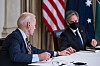 U.S. President Joe Biden, left, and Secretary of State Antony Blinken take part in a virtual summit with Quad leaders from India, Australia and Japan at the White House in Washington Friday. Blinken and U.S. Defense Secretary Lloyd Austin kick off their trips to Tokyo and Seoul this week. [EPA/YONHAP]