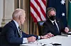 U.S. President Joe Biden, left, and Secretary of State Antony Blinken take part in a virtual summit with Quad leaders from India, Australia and Japan at the White House in Washington Friday. Blinken and U.S. Defense Secretary Lloyd Austin kick off their trips to Tokyo and Seoul this week. [EPA/YONHAP]
