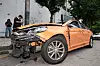 A taxi is battered after it crashed into a hospital in central Seoul on Wednesday, leaving three pedestrians injured. [NEWS1]