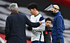 Tottenham Hotspur manager Jose Mourinho talks to Son Heung-min as the Korean striker leaves the pitch with an injury during a match against Arsenal in London on March 14. [EPA/YONHAP]