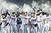 The LG Twins celebrate after beating the KT Wiz in Game 5 to win the 2023 Korean Series 4-1 at Jamsil Baseball Stadium in southern Seoul on Monday. [NEWS1]