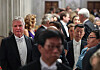 Former Korean national football team coach Guus Hiddink, left, attends a state banquet at the Royal Palace in Amsterdam on Tuesday evening hosted by King Willem-Alexander for President Yoon Suk Yeol’s state visit to the Netherlands. [JOINT PRESS CORPS]