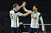 Son Heung-min of Tottenham Hotspur, right, celebrates after scoring a goal during the semifinals of the Carabao Cup against Brentford at Tottenham Hotspur Stadium on Tuesday. [AFP/YONHAP]