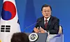 President Moon Jae-in talks at the press conference on Monday. [YONHAP]
