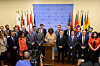 U.S. Ambassador to the United Nations Linda Thomas-Greenfield, center, speaks in a press briefing flanked by diplomats of nations participating in a statement condemning North Korea’s human rights abuses, including South Korean Ambassador to the UN Hwang Joon-kook, to her left, at the UN headquarters in New York on Thursday. The UN Security Council earlier Thursday convened an open meeting to discuss the human rights situation in Pyongyang for the first time in six years. [AP/YONHAP]