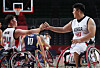 Korean wheelchair basketball players celebrate after scoring in the fourth quarter of a game against Colombia at the 2020 Tokyo Paralympics. [NEWS1]