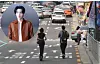 On the left, photo of Suga, and left, people ride electronic scooters on the prohibited middle of the road. [JOONGANG ILBO]