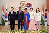 From left, Choi Young-sam, deputy minister of political affairs of the Foreign Ministry; Amit Kumar, ambassador of India to Korea; his wife Surabhi Kumar; Yim Kyung-sook, chairperson of the Korea Food Promotion Institute; and Kang Yun-jin, director general for international cooperation at the Ministry of Patriots and Veterans Affairs, unveil the logo for the 50th anniversary of relations between India and Korea approaching next year, at the Swami Vivekananda Cultural Centre of the Indian Embassy in Seoul on Friday. [EMBASSY OF INDIA IN KOREA]