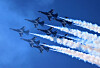 The Korean Air Force's Black Eagles aerobatic team flies above Gangneung, Gangwon, on Thursday in preparation for an air show. [YONHAP]