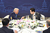 President Lee Jae Myung shakes hands with U.S. President Donald Trump during a special dinner banquet hosted by President Lee at the Hilton Hotel in Gyeongju, North Gyeongsang, on Oct. 29. [JOINT PRESS CORPS]