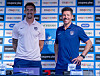 Atletico Madrid manager Diego Simeone, right, and Stefan Savic pose for a photo during a pre-game press conference at Seoul World Cup Stadium in Mapo District, western Seoul on Friday ahead of Sunday's match against Manchester City. [NEWS1]