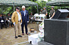 French Korean War veteran André Datcharry, left, stands before the memorial to members of the United Nations French Battalion who died defending Arrowhead Ridge at a ceremony in Cheorwon County, Gangwon, on Tuesday. Next to him stands Patrick Beaudouin, president of the French Korean War Veterans Association. [REPUBLIC OF KOREA ARMY]
