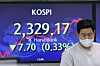 A screen in Hana Bank's trading room in central Seoul shows the Kospi closing at 2,329.17 points on Thursday, down 7.7 points, or 0.33 percent, from the previous trading day. [YONHAP]