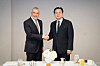 Korea's First Vice Foreign Minister Cho Hyun-dong, right, and European External Action Service Secretary-General Stefano Sannino pose for a photo during their meeting in Washington on Tuesday. [MINISTRY OF FOREIGN AFFAIRS]