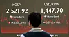 A screen in Hana Bank's trading room in central Seoul shows the Kospi closing at 2,521.92 points on Feb. 7, down 14.83 points, or 0.58 percent, from the previous trading session. [YONHAP]