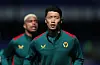 Wolverhampton Wanderers' Hwang Hee-chan warms up ahead of a match against Everton at Goodison Park in Liverpool on Saturday. [REUTERS/YONHAP]