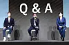 Executives from KT and its media subsidiaries take questions from journalists during a press conference held Thursday in southern Seoul. From left are: Yoon Yong-phil, CEO of skyTV, Kang Kook-hyun, head of the customer business group at KT and Kim Chul-yeon, CEO of KT Studio Genie. [KT]