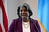 Linda Thomas-Greenfield, U.S. ambassador to the United Nations, introduces U.S. Secretary of State Antony Blinken before a town hall-style meeting at the U.S. Mission to the United Nations with members of staff in New York on May 19. [REUTERS]
