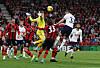 Tottenham Hotspur's Ben Davies, second from right, heads in the London club's second goal during a game against Bournemouth in Bournemouth, England on Saturday.  [REUTERS/YONHAP]