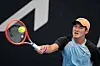 Kwon Soon-woo stretches for the ball during a match against Yoshihito Nishioka on Day 1 of the the Adelaide International Tennis Tournament at Memorial Drive in Adelaide, Australia on Monday. Kwon has reached the Round of 16 in both the singles and doubles tournaments at the Adelaide International, having also partnered with Artem Sitak to beat Roberto Carballes Baena and Laslo Dere in the first round of the doubles tournament on Tuesday. [EPA/YONHAP]