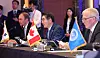 Defense Minister Kim Yong-hyun, center, speaks during the opening ceremony of the South Korea-United Nations Command defense ministerial meeting in Seoul on Tuesday. Nils Hilmer, a state secretary in the German Defense Ministry, sits to the left, while Canadian Defense Minister Bill Blair sits on the right. [NEWS1]