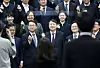 Prosecutor General Yoon Seok-youl, third from left in the front row, poses with prosecutors during a visit to a new prosecutors' training center in Jincheon, North Chungcheong, on Tuesday. [YONHAP]