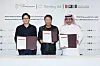 From left, SM Entertainment's CEO Lee Sung-soo, SM Entertainment's chief producer Lee Soo-man and Sultan Albazie, CEO of the Theater and Performing Arts Commission, at a singing ceremony for a memorandum of understanding on Nov. 29. [SM ENTERTAINMENT]
