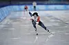 Cha Min-kyu skates during a speedskating practice session at the 2022 Winter Olympics on Feb. 9, 2022, in Beijing. [AP/YONHAP]