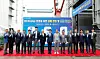 Samsung Display CEO Lee Dong-hoon, eighth from left, poses at a ceremony held Wednesday celebrating the arrival of the QD production equipment at the company’s Asan plant in South Chungcheong. [SAMSUNG DISPLAY]