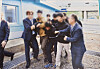 One of two North Korean fishermen who fled into the South via the eastern maritime boundary is forcibly repatriated back to the North at the inter-Korean truce village of Panmunjom in November 2019. [UNIFICATION MINISTRY]