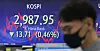 A screen at Hana Bank's trading room in central Seoul shows the Kospi closing at 2,987.95 points on Tuesday, down 13.71 points, or 0.46 percent, from the previous trading day. [NEWS1]