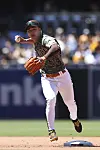 San Diego Padres shortstop Kim Ha-Seong throws out Colorado Rockies' Connor Joe at first base in the fourth inning of a baseball game on Sunday. [AP/YONHAP]