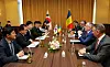 National Assembly Speaker Kim Jin-pyo, third from left, speaks with Romania’s Education Minister Sorin Mihai Cimpeanu, second from right, and other members of the Romanian government in Bucharest, Romania, on Sunday. [YONHAP]