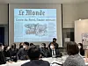 Plantu showing one of his works about North Korea during a talk with local students and cartoonists at the headquarters of Jipyong Brewery in Seoul on Oct. 30. [ESTHER CHUNG]