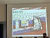 Plantu showing one of his works during a talk with local students and cartoonists at the headquarters of Jipyong Brewery in Seoul on Oct. 30. [ESTHER CHUNG]