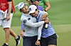 Amy Yang, left, hugs Xiyu Janet Lin of China after the end of the final round of the LPGA Honda Thailand golf tournament in Pattaya, southern Thailand on Sunday. [AP/YONHAP]