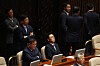 Democratic Party floor leader Park Kwang-on, center, slumps in his chair after hearing the results of the vote on the arrest motion against party leader Lee Jae-myung at the National Assembly in Seoul on Thursday. [YONHAP]