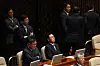 Democratic Party floor leader Park Kwang-on, center, slumps in his chair after hearing the results of the vote on the arrest motion against party leader Lee Jae-myung at the National Assembly in Seoul on Thursday. [YONHAP]