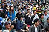 Supporters of Democratic Party leader Lee Jae-myung gathered outside the National Assembly in Yeouido, western Seoul, react after they hear the news that the legislature had approved the arrest motion against him on Thursday afternoon. [YONHAP]