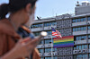A rainbow flag hangs on the building of the Embassy of the United States in central Seoul on June 7. [YONHAP]