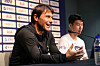 Tottenham Hotspur manager Antonio Conte, left, and Son Heung-min speak with press at Seoul World Cup Stadium in Mapo District, western Seoul on Tuesday. [NEWS1]