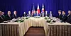 South Korean President Yoon Suk-yeol, center on the left table, U.S. President Joe Biden, center, and Japanese Prime Minister Fumio Kishida, far right on the right table, during a trilateral summit in Phnom Penh on Sunday [YONHAP]