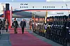 Russian Defense Minister Andrei Belousov, right, is welcomed by North Korean Defense Minister No Kwang-chol upon his arrival at Pyongyang International Airport outside of Pyongyang in North Korea on Friday in this photo taken from a video released by Russian Defense Ministry. [AP/YONHAP]