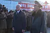 Russia's Denfence Minister Andrei Belousov, left, and his North Korean counterpart General No Kwang-chol are seen during a ceremony to welcome Belousov upon his arrival at Pyongyang's Sunan International Airport on Friday in this photo provided by the Russian Defence Ministry. [TASS/YONHAP]