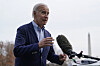 U.S. President Joe Biden speaks with reporters after stepping off Marine One on the South Lawn of the White House in Washington on Monday. [AP/YONHAP]