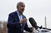 U.S. President Joe Biden speaks with reporters after stepping off Marine One on the South Lawn of the White House in Washington on Monday. [AP/YONHAP]