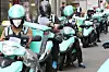 Baedal Minjok (Baemin) food delivery riders in Yeouido,western Seoul, on May 1. The acquisition of Baemin to Germany's Delivery Hero has again raised concern over the online platform's dominance. [YONHAP]