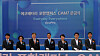 Former EcoPro Chairman Lee Dong-chae, third from left, and Samsung SDI CEO Choi Yoon-ho, middle, hold a ribbon-cutting ceremony to mark the completion of a cathode materials factory in Pohang, North Gyeongsang on Friday. [SAMSUNG SDI]